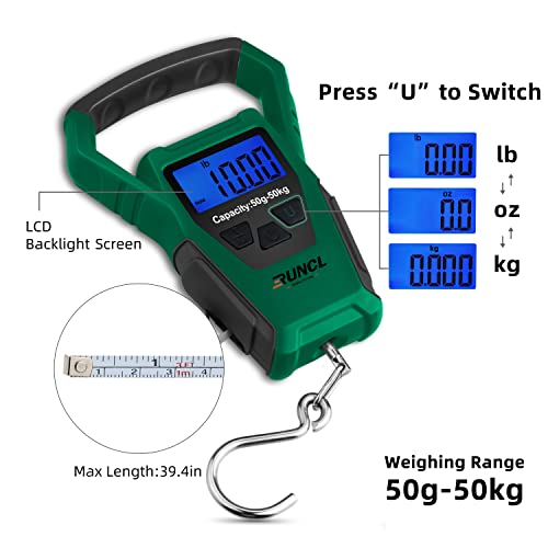 Runcl Waterproof Fishing Scale With Lip Gripper, Digital Hanging Scale With 40 Inch Built-In Tape, Three Mode-Lb/Oz/Kg, Non-Slip Big Handle, 110 Lb/50Kgs, Memory Storage, Backlit Lcd (L, Green) #TOP1