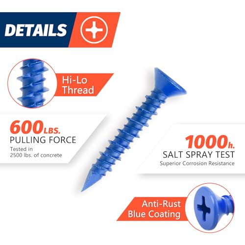 Sanjods 3/16" X 1-1/4" Concrete Screw Anchor, Blue Flat Head Screws For Anchoring To Masonry, Brick, Block, Cement Or Stucco thumb #2