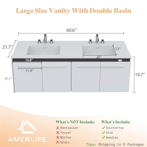 AMERLIFE 60" LED Floating Bathroom Double Vanity with Sink Combo, Modern High Gloss Wall Mounted Bathroom Storage Cabinet with 3 Hole Sink & & Metal Handles & Soft Closing Doors, White