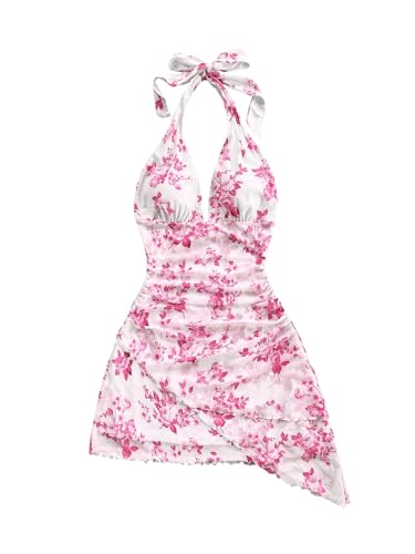Image of SOLY HUX Women's Y2K Summer Beach Halter Mini Dress | Retro Floral Dress, V Neck, Backless, Club Nightout, Sexy Going Out Clothes, Birthday Dress