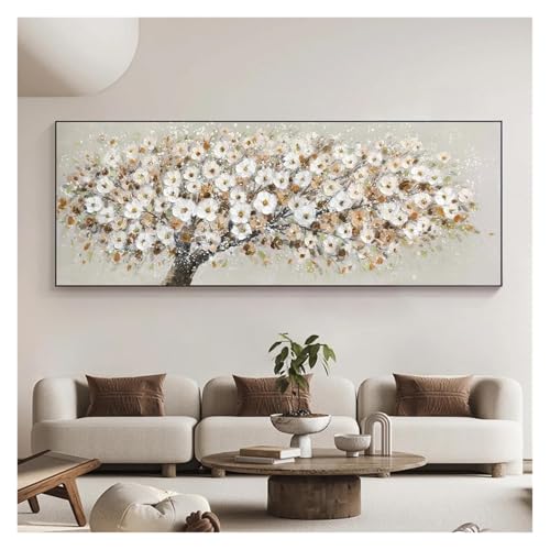 Tableau peinture abstraite arbre fleurs blanches pour mur vide salon