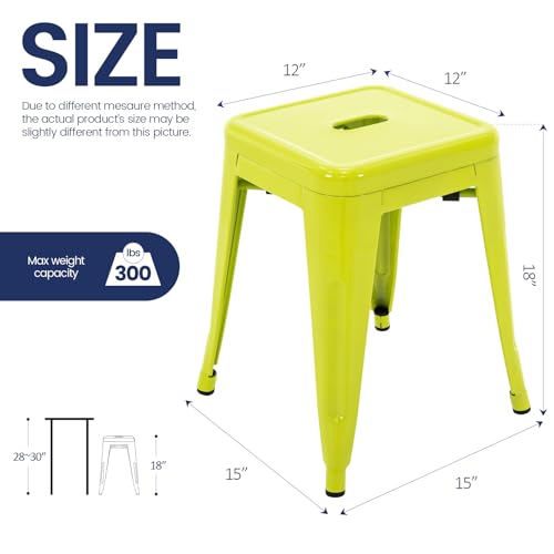 Image of Brage Living 18 Inch Industrial Metal Stools Set of 2, Stackable Classroom Kitchen Short Stools, Backless Metal Dining Chairs for Indoor Outdoor (Lime Green)