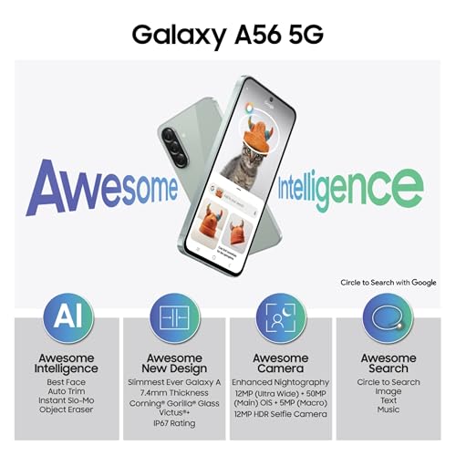 Image of Samsung Galaxy A56 5G (Awesome Olive, 8GB, 128GB) | Metal Frame | Gemini Live | Awesome Intelligence (AI): Circle to Search, Instant Slo-Mo, Auto-Trim, Object Eraser | Flagship Grade Camera