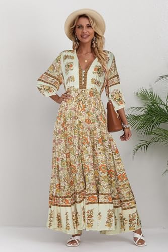 Image of Women Short Sleeve V Neck Floral Print Casual Bohemian Maxi Dresses