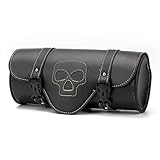 Motorcycle Tool Bag, Universal Motorcycle Handlebar Bag, Black PU Leather Roll Saddlebags, Waterproof Sissybar Storage Fork Bag (Skull Pattern)