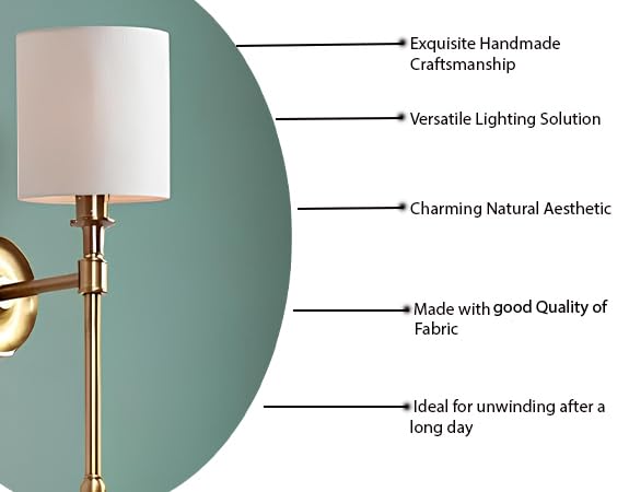 Image of AKWAY Antique Brass Finish Wall Lamps for Living Rooms with Bamboo Shade | Rattan and Cane Wall Lights for Bedroom | Wicker Wall scones - (Fabric Cylindrical - Jhalak)