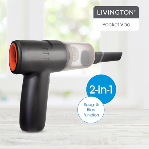 LIVINGTON PocketVac - Doppelpack - Akku Handstaubsauger mit Gebläse - kabelloser Auto-Staubsauger inkl. Aufsätze, USB-C Kabel, Aufbewahrungstasche & Filter