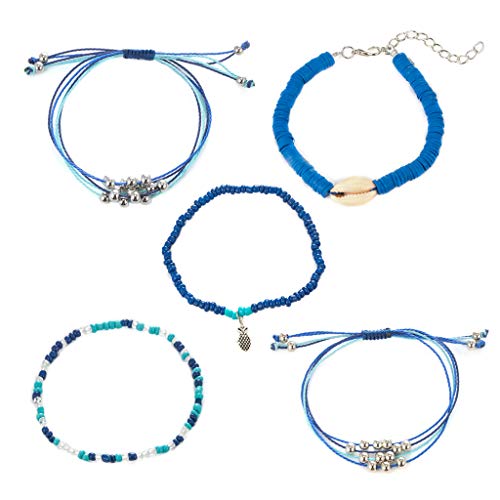 Tuscom 5 Pieces Strand Bracelet Set Handmade Adjustable Braided Rope Wrap Waterproof Cowrie Shell Beaded Pineapple Boho Charm Stretch String Thread Multilayer Bracelets Friendship Jewelry Gift (5Pcs)
