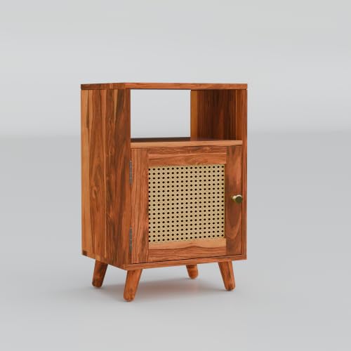 Image of Solid Sheesham Wood Bedside Table with Natural Cane Rattan Door & Open Shelf | Wooden Nightstand with Storage Cabinet | End Table for Bedroom (Honey Finish)