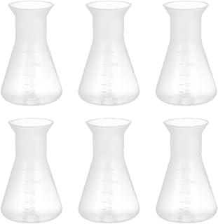 ULTECHNOVO Laboratory Flask, Plastic Erlenmeyer Flask, Clear Scale Plastic Conical Flask 50ml Narrow Neck Without Cap for Lab School Home (6pcs)