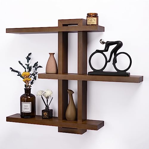 Image of yaqew Variable Floating Shelves Wood Set of 3, Cube Wall Mounted Shelves 28.35 inch Max, Wall Shelves for Living Room Bathroom Bedroom Farmhouse - Light Walnut Color - 28.35 inch x 23 inch x 4.3 inch Max