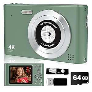 Digital Camera FHD 1080P with 64GB Card,44MP Point and Shoot Kids Camera with Anti Shake 16X Zoom，Portable Small Camera Gift for Kid Girl Boy Teen (Green)