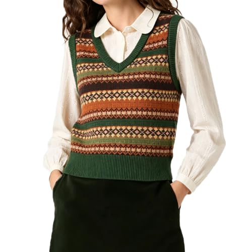 Image of Merlinton Women Fair Isle Knit Sweater Vest V‑Neck Sleeveless Retro Knit Waistcoat (A-Green, L)
