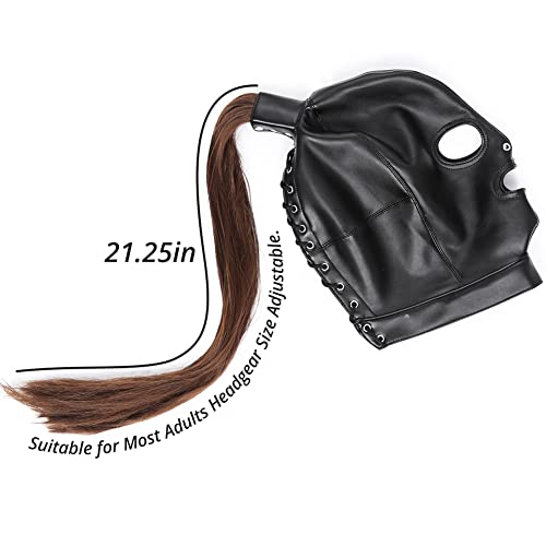 Pu Leather Bondage Mask Hood Sm Adult Sex Toy With Removable Wig, Unisex Adult Eyes And Mouth Open Black Restraint Headgear Mask Hood Breathable Blindfold Face Cover Blindfold Cosplay #TOP2