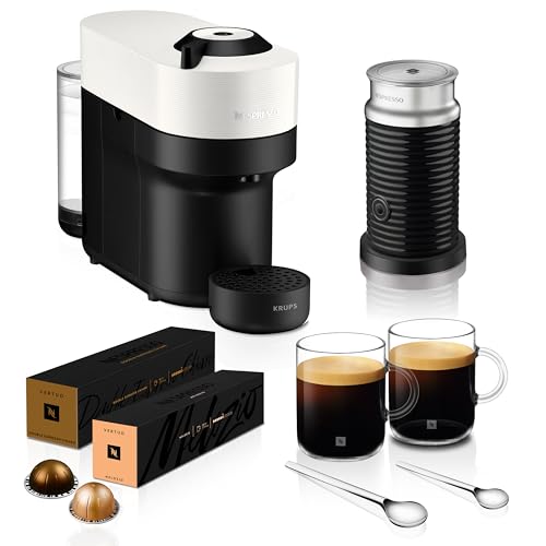 Nespresso Coffee Machine Barista Bundle includes Vertuo Pop White by Krups Milk Frother 2x Mugs 2 x spoons Melozio coffee pods & Chiaro coffee pods