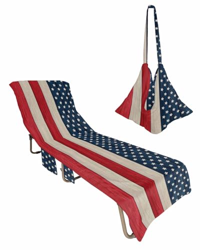 4th of July Beach Lounge Chair Towel Cover, Soft Chaise Lounge Towel with Side Pockets Patio Pool Chairs Cover for Beach/Pool Sunbathing 29x85 Farmhouse Blue Red Wooden Independence Day