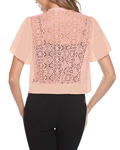 Hawiton Women Shrug Short Sleeve Lace Bolero Jacket Open Front Cropped Cardigan Apricot - Thumbnail 2