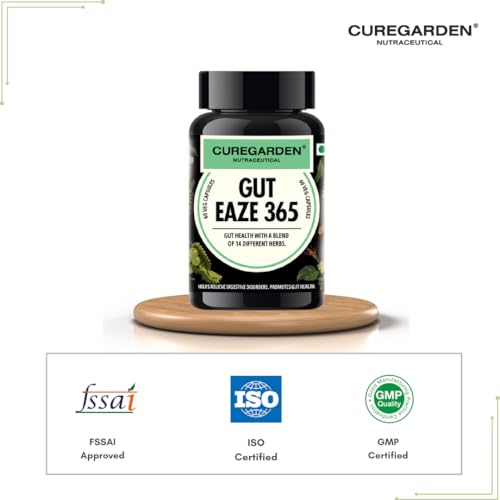 Image of Curegarden Gut Eaze 365 | Probiotic & Prebiotic Gut Health Supplement | 60 Capsules | Supports Digestive Balance, Bloating Relief & Gut Lining | Curcumin + Slippery Elm + Triphala | Natural | Men & Women