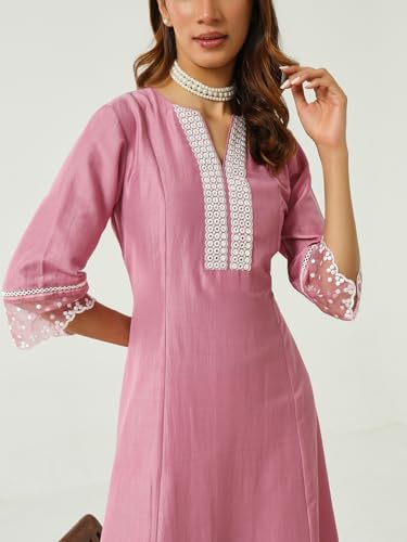 Image of FIORRA Women's Pink Silk Blend Flared Kurta & Palazzo With Dupatta