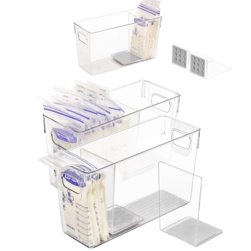 Image of Breastmilk Storage Container with L Shaped Separator Boards, Dividers Will Flatten Standing Breast Milk Bags in Organizer Bins Save Refrigerator Space | 2 Containers Plus Gray Removable Dividers