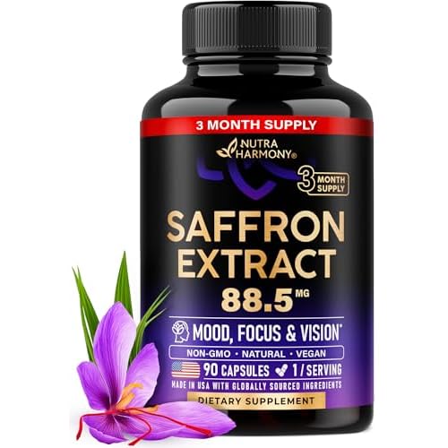 Natural Saffron Supplements - Pure Saffron Extract 88.5 mg - Made in USA - Mood | Focus | Vision | Energy Support - Eye Health for Women & Men - NonGMO Vegan Pills - 90 Powder Capsules, 3 Mo