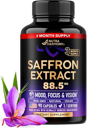 Natural Saffron Supplements - Pure Saffron Extract 88.5 mg - Made in USA - Mood | Focus | Vision | Energy Support - Eye Health for Women & Men - NonGMO Vegan Pills - 90 Powder Capsules, 3 Month Supply
