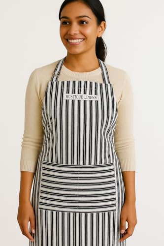 Image of Kitchen Apron - 100% Cotton, Adjustable Neck strap, Large Pocket - Unisex Apron for Men & Women - Cooking, Baking, BBQ, Gardening - Solid Colours, Striped and Checkered Patterns