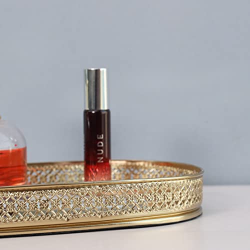 Image of Craft Brio -A TRENDY HANDICRAFTS Oval Glass Mirror Gold Plated Tray Decorative Vanity Perfume Storage Pooja Wedding Diwali Gifting Trays (28 X 16 cm)