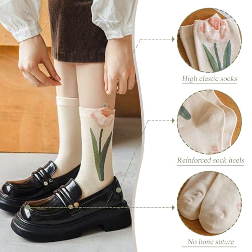 Image of 4 /5 Pack Cute Womens Floral Socks, Cotton Vintage Embroidered Casual Crew Socks, Girly Cottagecore Tulip Dress Socks