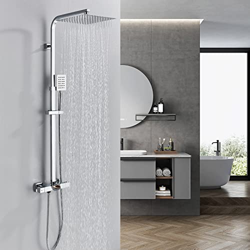Suguword 304 Edelstahl Duschset Duschsystem Regenduschset mit Thermostat Kopfbrause Duschkopf mit Schlauch, Duschstange und Duscharmatur Duschsäule Chrom Cover