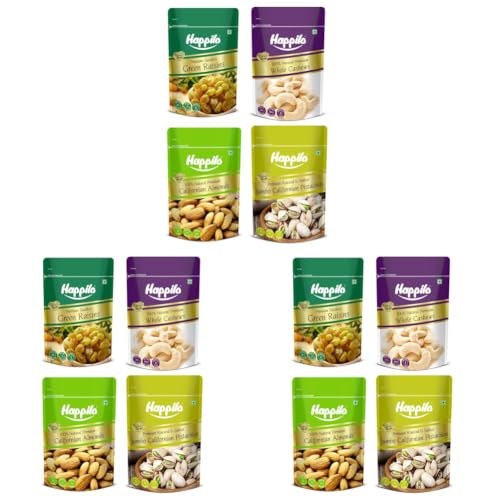 Image of Happilo Premium Dry Fruits Combo Pack of 12 | California Almonds, Green Raisins, Whole Cashews, Roasted Pistachios | Total 850 g | Healthy Dry Fruits Snacks | Kaju, Kismis, Pista & Badam Combo