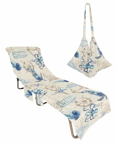 Nautical Coastal Beach Chair Cover with Side Pockets, Microfiber & Quick Dry Pool Chaise Lounge Chair Towels Covers for Sun Sunbathing Patio Garden Hotel, Turtle Octopus Jellyfish Starfish Blue Beige
