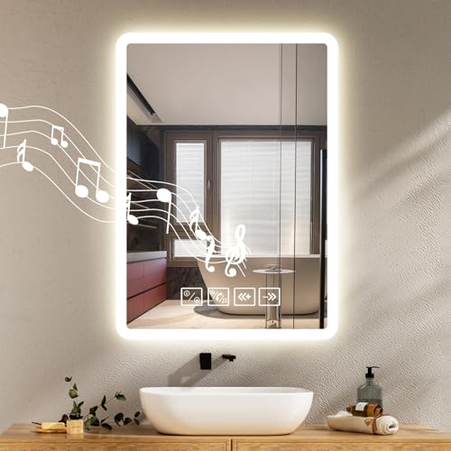 Litglobe Espejo Baño LED Bluetooth 50x70cm,Cuadrado Espejos de Bano con LED,Espejos Bano con Antivaho,Interruptor Táctil,3 Colores Luz,Regulable,Memoria