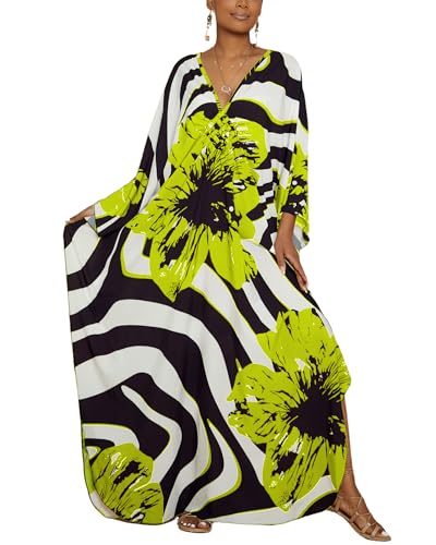 Image of Bsubseach Kaftan Dresses for Women Floral Print Plus Size Beach Cover Up | Lightweight V Neck Loose Fit Boho Dress, Batwing Sleeve Side Slit, Moo Moos for Women Home Loungwear Cruise Resort Wear
