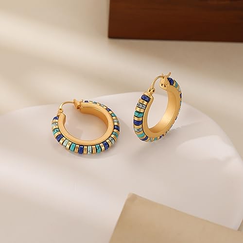 IBARA Vintage Turquoise Hoop Earrings for Women Natural Stone Earrings 18k Gold Plated Medium Hoop Earrings Bohemia Beads Gemstone Earrings Summer Beach Travel Hawaiian Dress Handmade Jewelry4