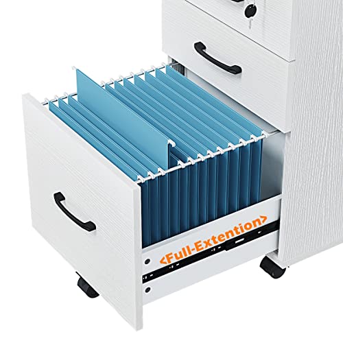 Image of Panana 3 Drawer Wood Mobile File Cabinet, Under Desk Storage Drawers Small File Cabinet for Home Office (White)