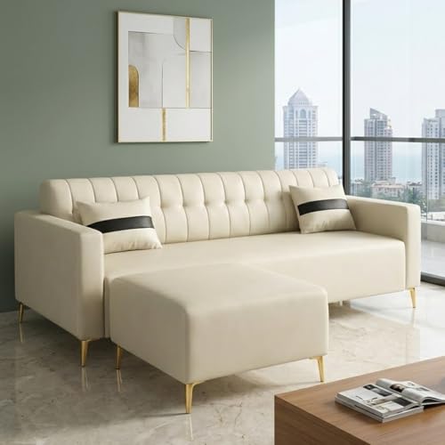 Image of SOCOZI Anton 4 Seater L Shape Sofa Set with Movable Ottoman | Flexible Left or Right Layout | Premium Leatherette with Golden Metal Legs |Sofa for Living Room (Cream Leatherette)