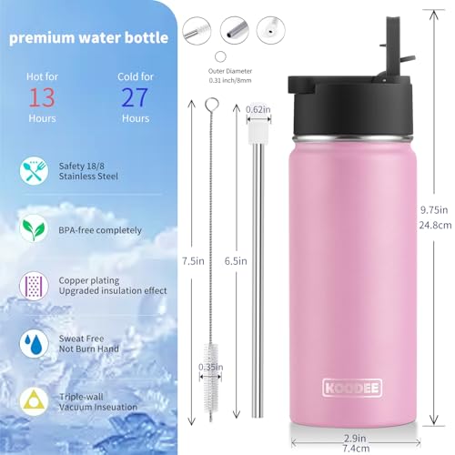 Image of koodee 16 oz Water Bottle Stainless Steel Double Wall Vacuum Insulated Flask Kids Sports Water Bottle with Leakproof Straw Lid (Pink