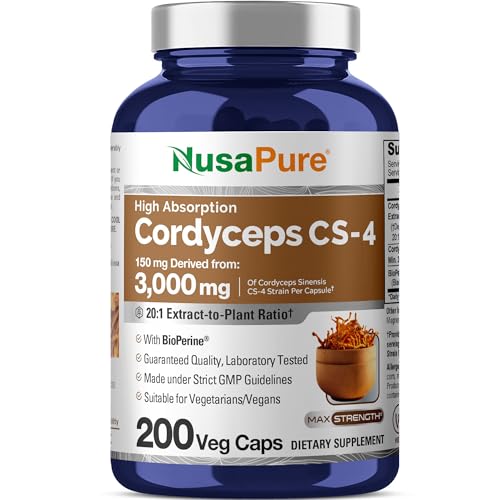 NusaPure Cordyceps 20:1 Extract, 150 mg Equivalent to 3,000mg 200 Veggie Capsules (Sinensis CS-4, Non-GMO, Vegan) Bioperine