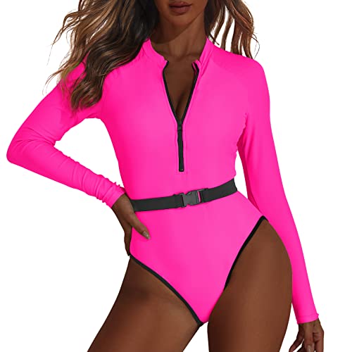 80s 90s Outfit for Women Neon High Cut One Piece Swimsuits Long Sleeve Bathing Suits Rash Guard Tummy Control Surfing Zipper
