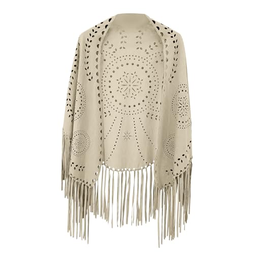 Western Shawl Fashion Women's Faux Suede Laser Cut Triangle with Long Tassel Solid Color Cloak Hollow Fringe Scarf