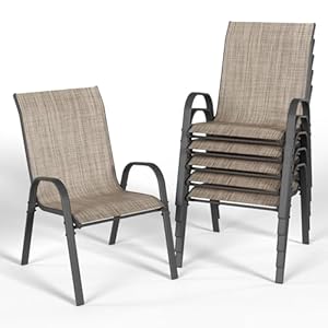 UDPATIO 6er Set Gartenstühle Stapelbare, 55cm Breiter Hochlehner Gartenstuhl, Stapelstühle aus Textilene, Atmungsaktive Terrassenstühle für Balkon, Terrasse, Garten, Braun