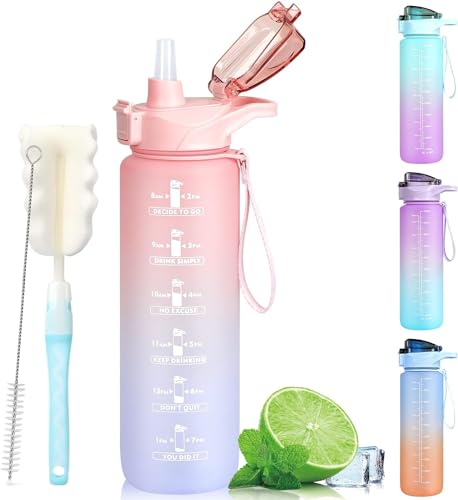 ADVIGO I - Botella de agua de 1 litro sin BPA, botella de agua motivacional con popote, botella de agua deportiva con marca de tiempo, botella portátil a prueba de fugas, jarra de agua de 1 litro para