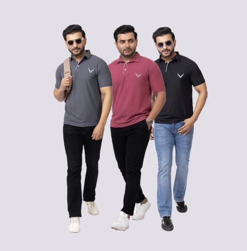 Image of HANABY Men's Summer Polo Solid Half Sleeves Polycotton T-Shirt | Collar Breathable and Comfortable T-Shirt (Pack of 3)