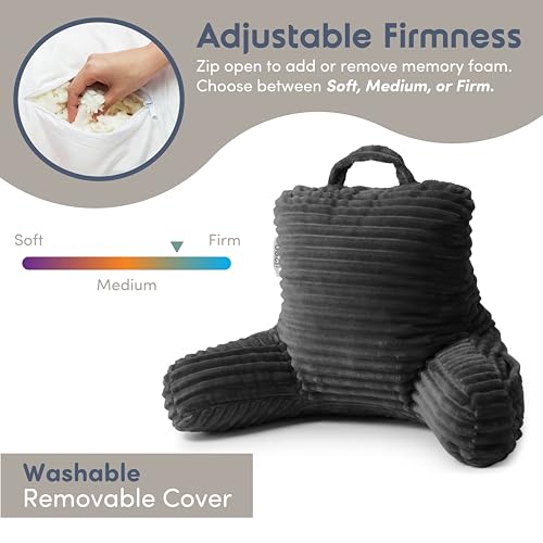 Image of Nestl Reading Pillow for Kids & Teens with Shredded Memory Foam, Luxe Cut Plush Backrest Pillows for Reading and Gaming, for use on Couch, Bed, Floor, Adjustable Support with Washable Cover Dark Grey