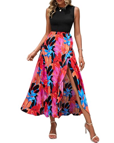 BTFBM Women Casual Sleeveless Summer Dresses 2025 Spring Crewneck Patchwork Boho Floral Ruffle Cocktail Party Midi Dress(Big Floral Multicolor, Medium)