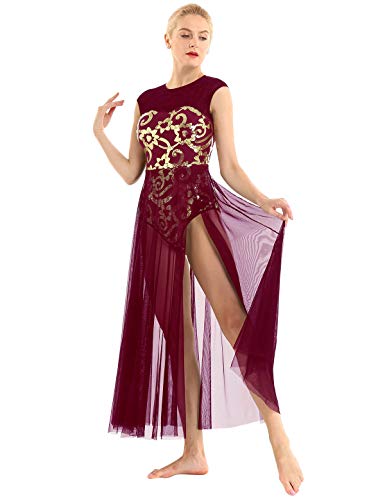 JanJean Womens Lyrical Floral Sequin Tank Leotard Maxi Dress Contemporary Ballet Dance Dress Wine_Red XL - Thumbnail 5
