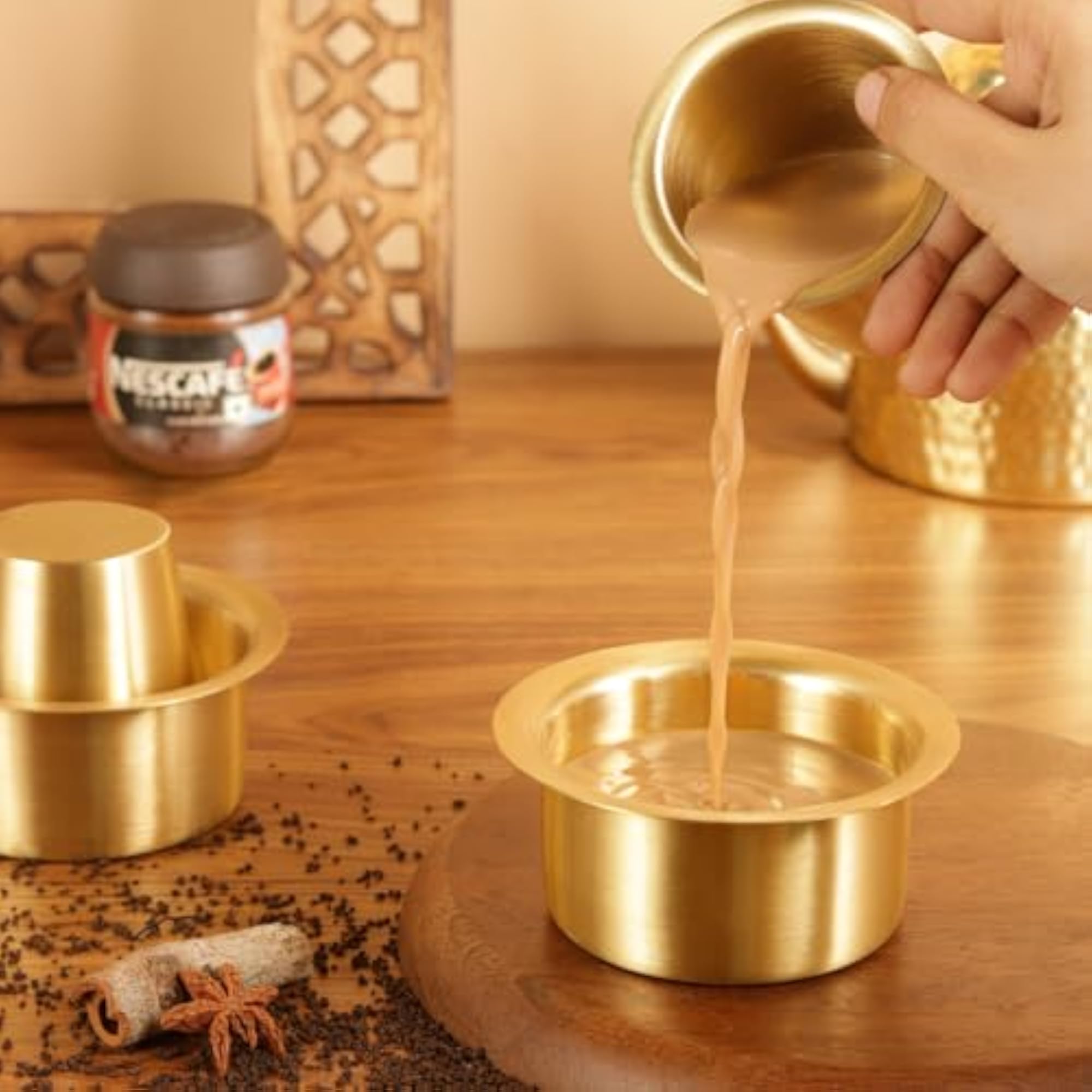 Handcrafted Pure Brass Dabra Set, Traditional Coffee Serving Gift