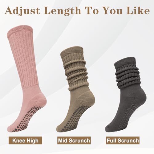 Pilates Socks for Women with Non Slip Grippers, Yoga Slouch Long Slipper Socks for Barre Workout Hospital 3 Pairst2