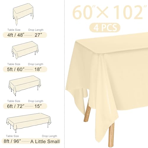 Image of 4 Pack Rectangle Tablecloth for 6 Foot Tables Washable Polyester Table Cover for Wedding Dining Table Parties Banquet(60x102 Champagne)